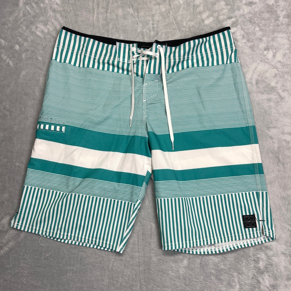 ONeill Board Shorts‎ Mens 34 Teal White Striped Swim Trunks Recycled Stretch Y2K